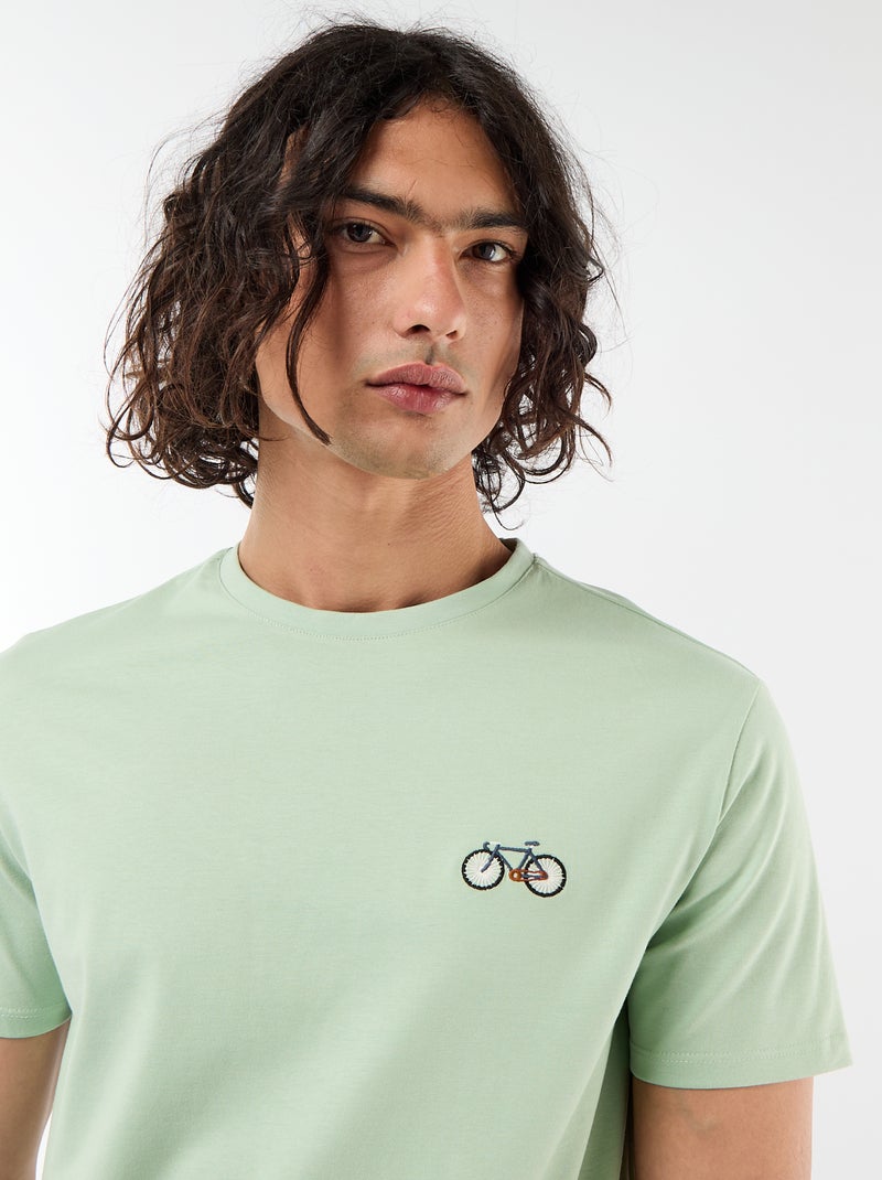 Effen T-shirt met korte mouwen en borduursel Groen - Kiabi