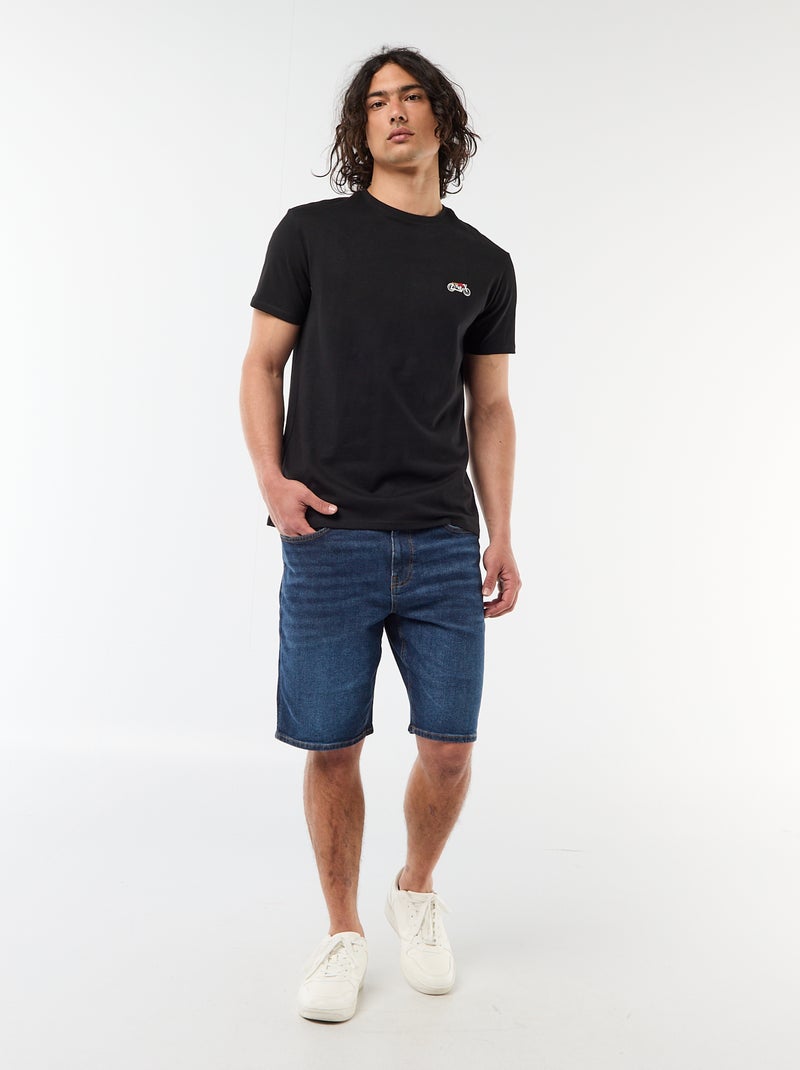 Effen T-shirt met korte mouwen en borduursel Zwart - Kiabi