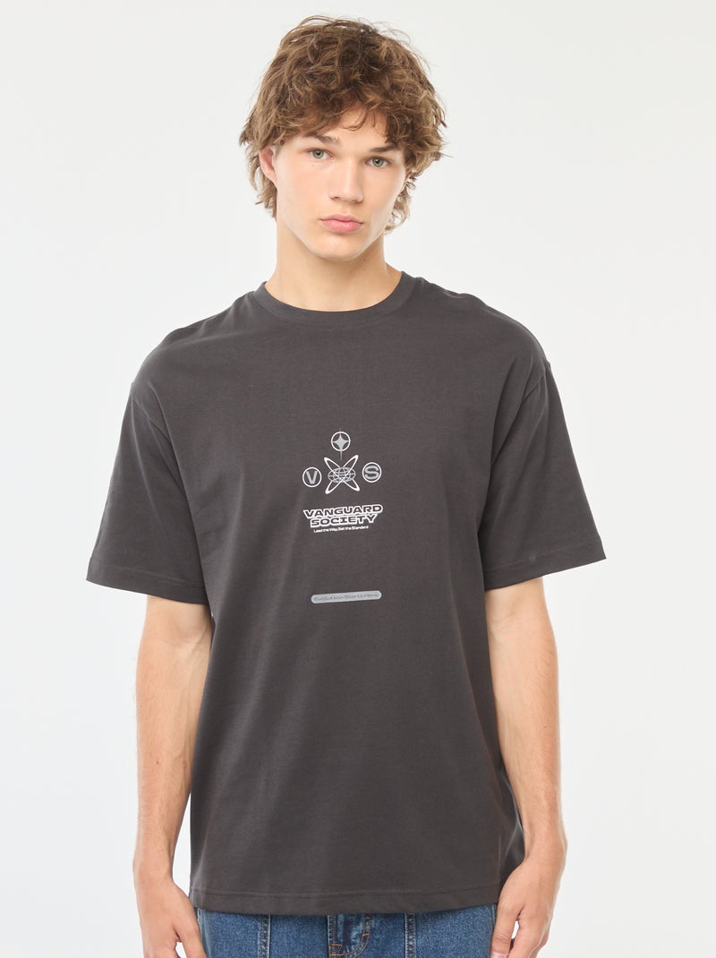 Effen T-shirt met lange mouw en print voor/achter Grijs - Kiabi