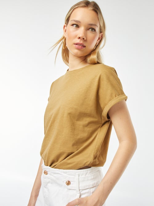 Effen T-shirt met ronde hals en korte mouw met omgeslagen boordje - Kiabi