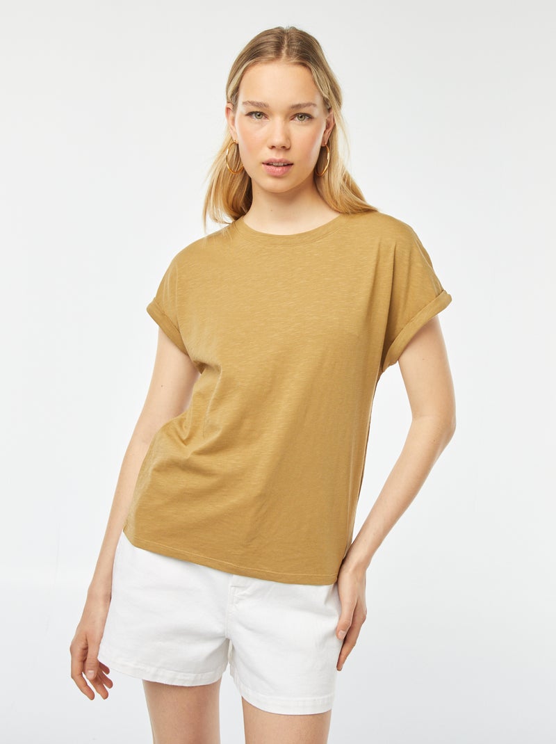 Effen T-shirt met ronde hals en korte mouw met omgeslagen boordje GROEN - Kiabi