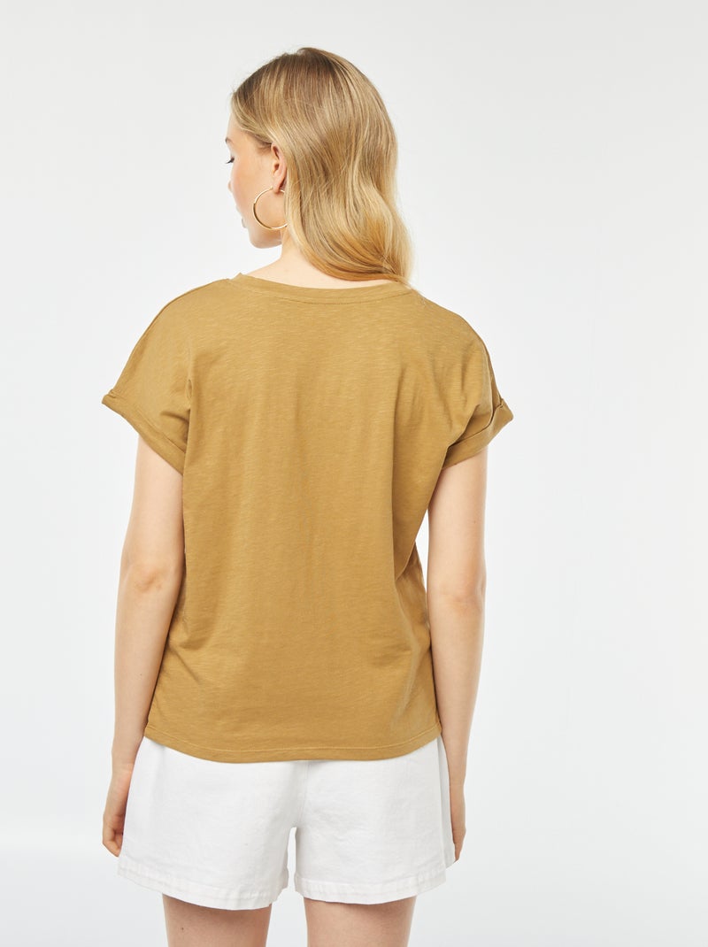 Effen T-shirt met ronde hals en korte mouw met omgeslagen boordje GROEN - Kiabi