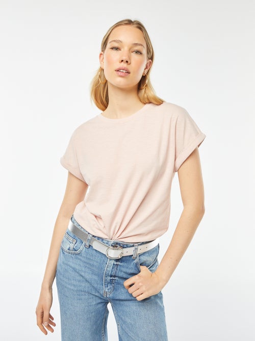 Effen T-shirt met ronde hals en korte mouw met omgeslagen boordje - Kiabi