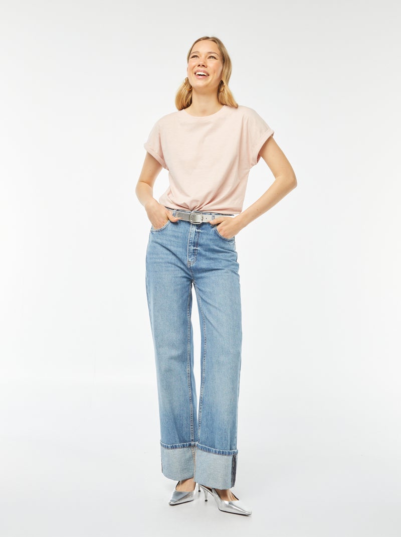 Effen T-shirt met ronde hals en korte mouw met omgeslagen boordje ROSE - Kiabi