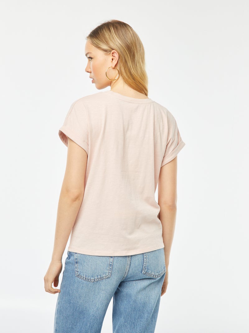 Effen T-shirt met ronde hals en korte mouw met omgeslagen boordje ROSE - Kiabi