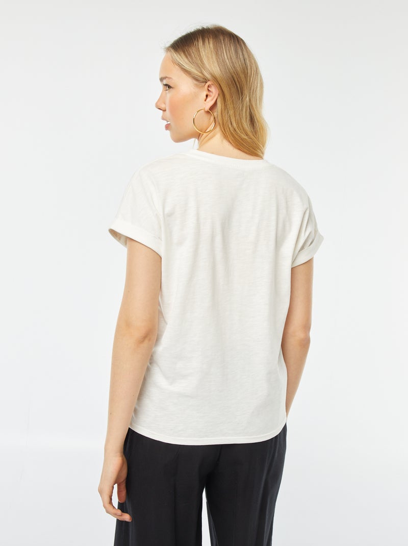 Effen T-shirt met ronde hals en korte mouw met omgeslagen boordje WIT - Kiabi