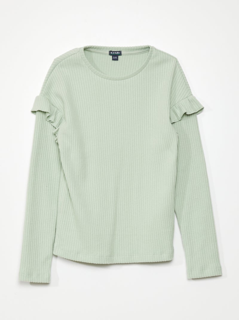 Effen T-shirt met ruches rond de schouders GROEN - Kiabi