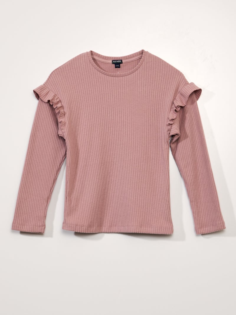 Effen T-shirt met ruches rond de schouders roze - Kiabi