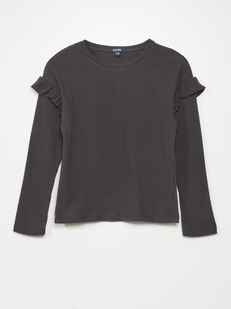 Effen T-shirt met ruches rond de schouders ZWART - Kiabi