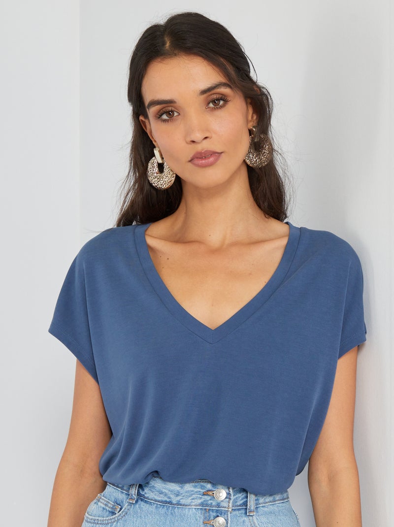 Effen T-shirt met V-hals donkerblauw - Kiabi