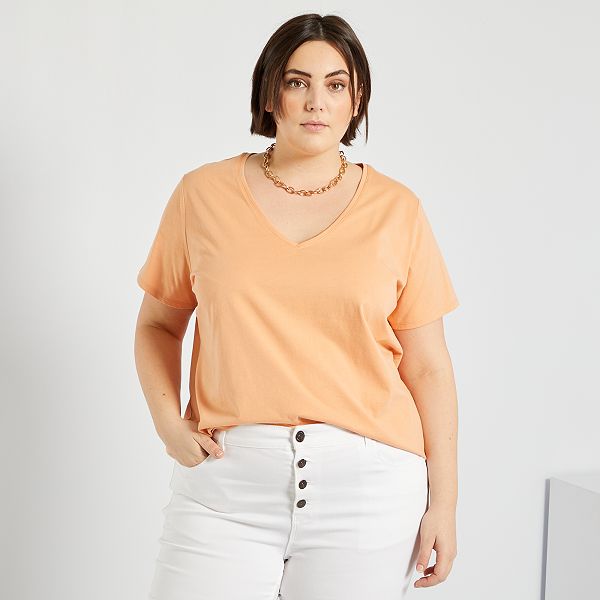Effen T-shirt met V-hals Dames Size+ - ORANJE - Kiabi - 6,00€