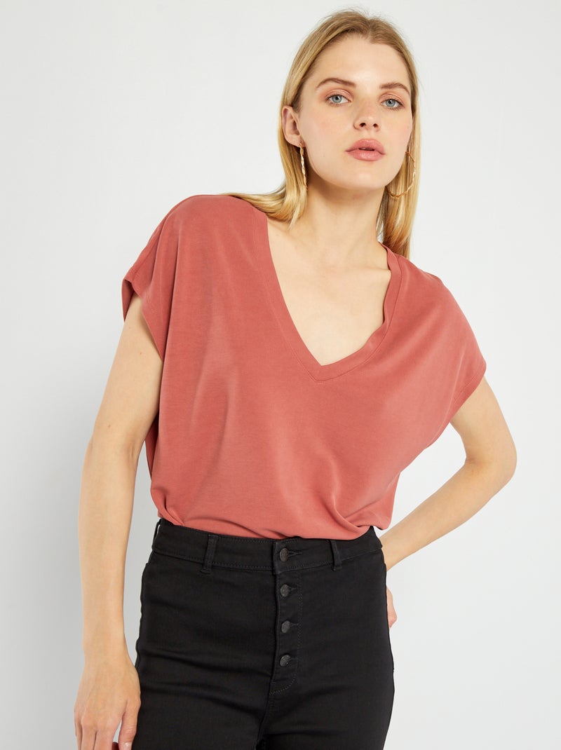 Effen T-shirt met V-hals ROOD - Kiabi