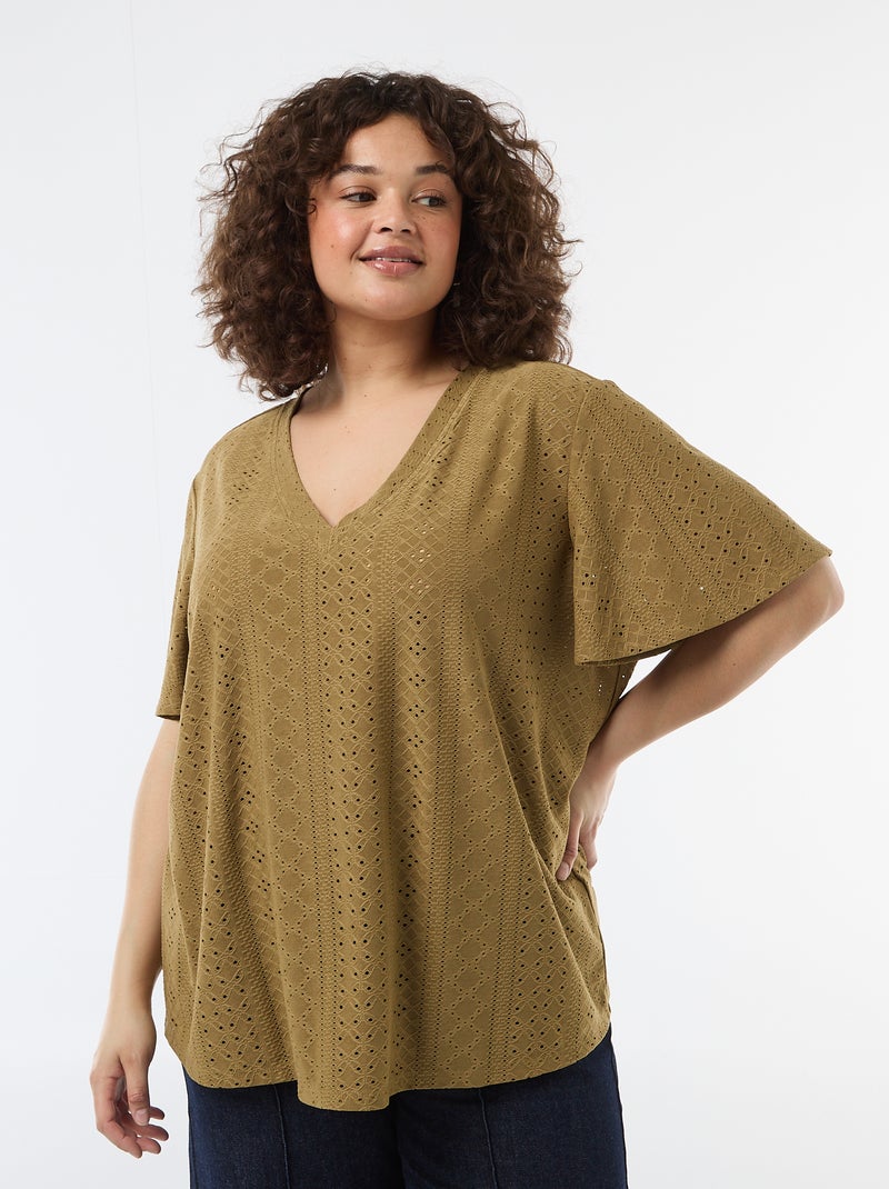Effen T-shirt van ajourgebreide stof Groen - Kiabi