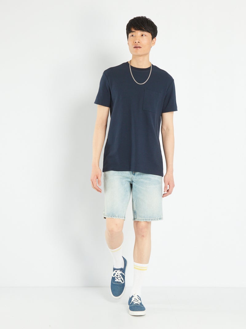 Effen T-shirt van jacquard met streepjesprint BLAUW - Kiabi