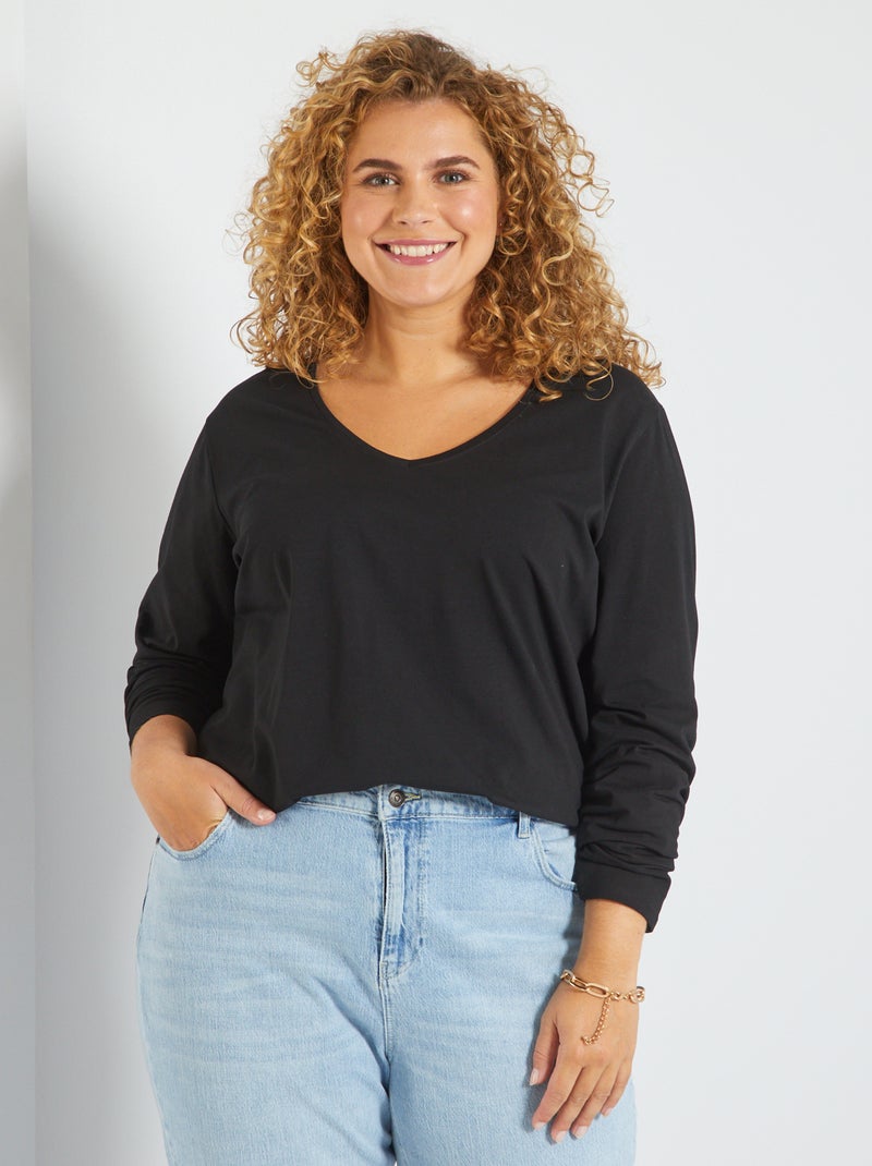 Effen T-shirt van jerseystof met V-hals zwart - Kiabi