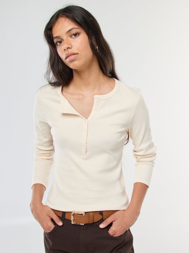 Effen T-shirt van ribstof met henleykraag Wit - Kiabi