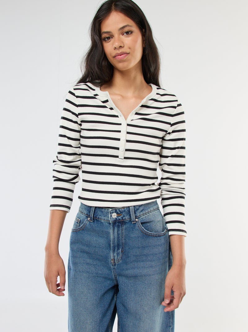 Effen T-shirt van ribstof met henleykraag Wit - Kiabi