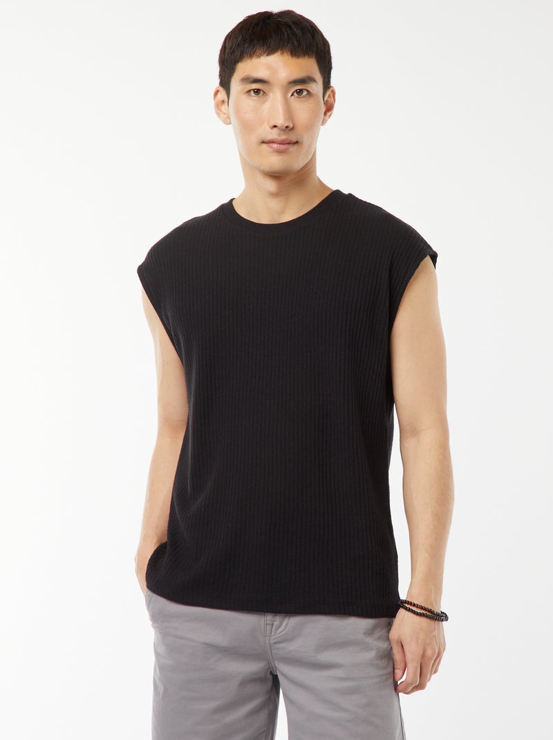 Effen T-shirt van ribstof zonder mouwen zwart - Kiabi