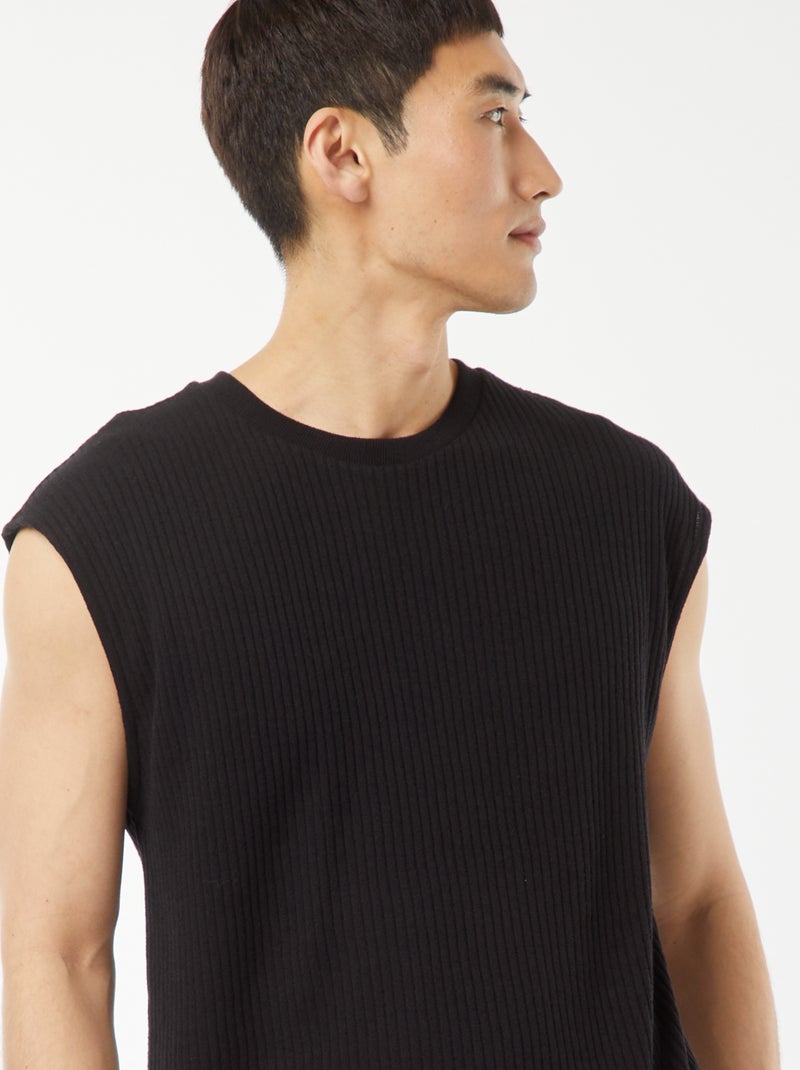 Effen T-shirt van ribstof zonder mouwen zwart - Kiabi