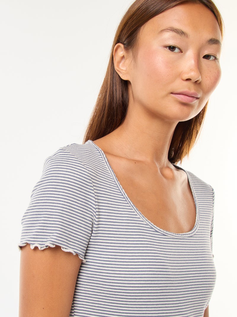 Effen T-shirt van ribtricot met korte mouw Blauw - Kiabi