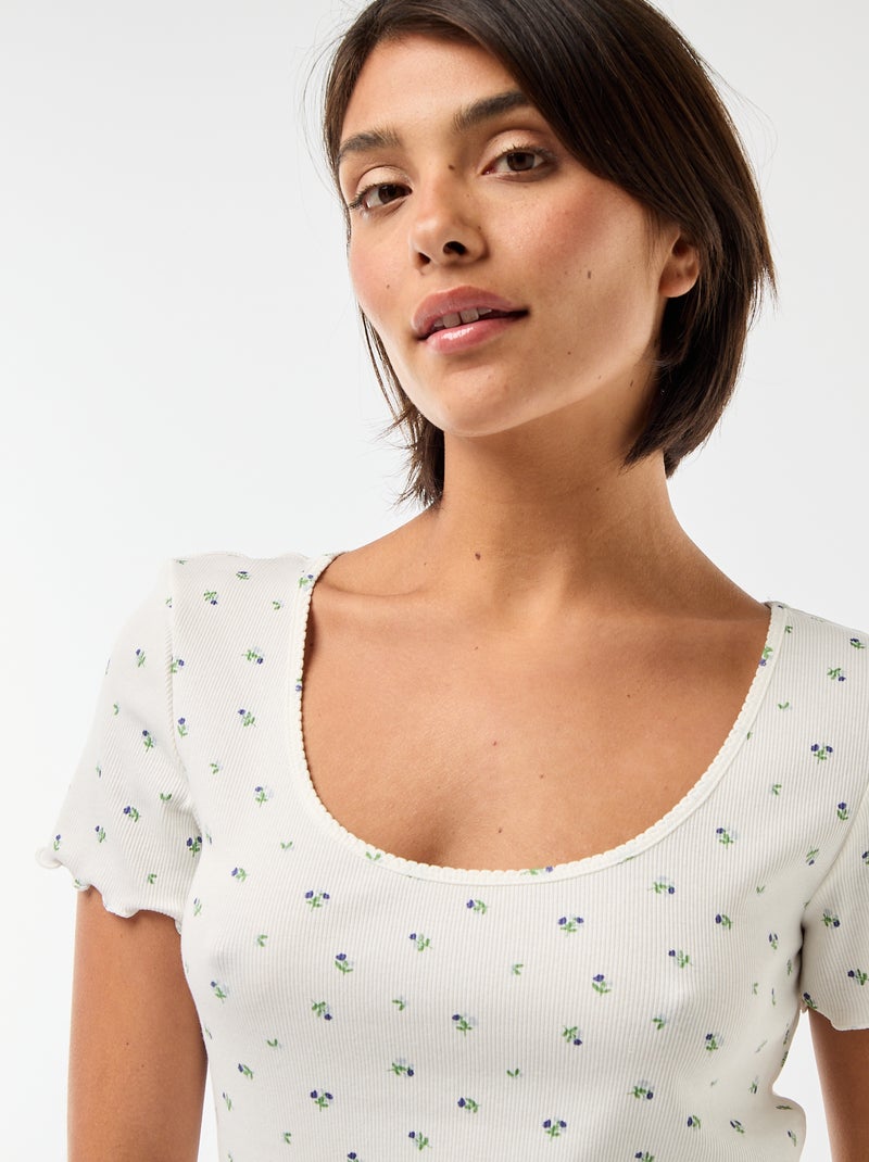 Effen T-shirt van ribtricot met korte mouw Wit - Kiabi