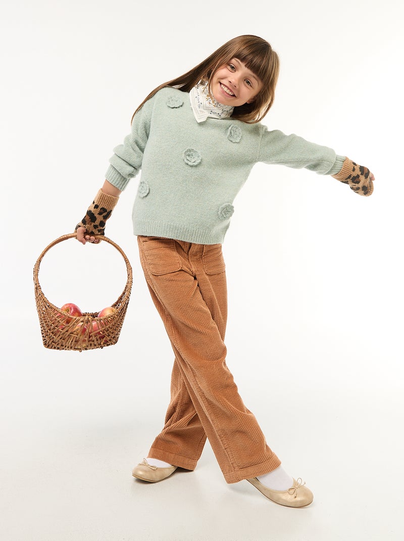 Effen trui met ronde hals en gehaakte bloemen blauw - Kiabi