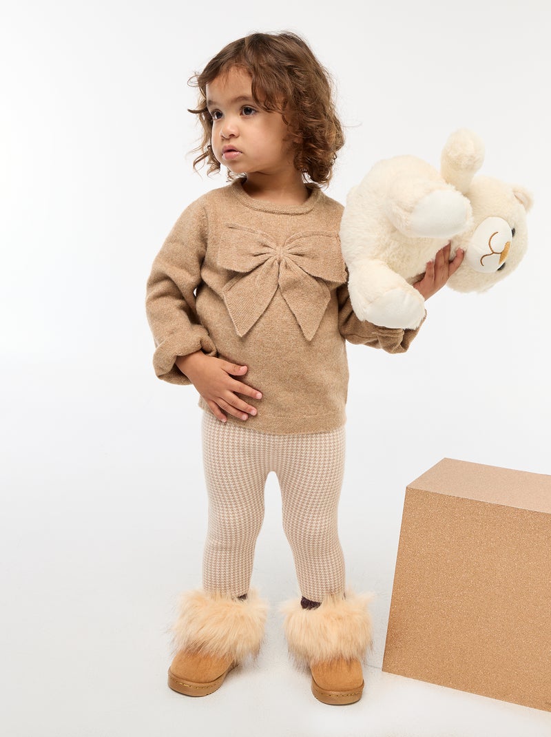 Effen trui met ronde hals en strikje Biege - Kiabi