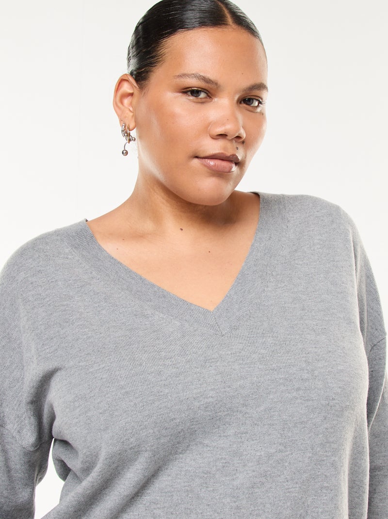 Fijngebreide trui met V-hals Grijs - Kiabi