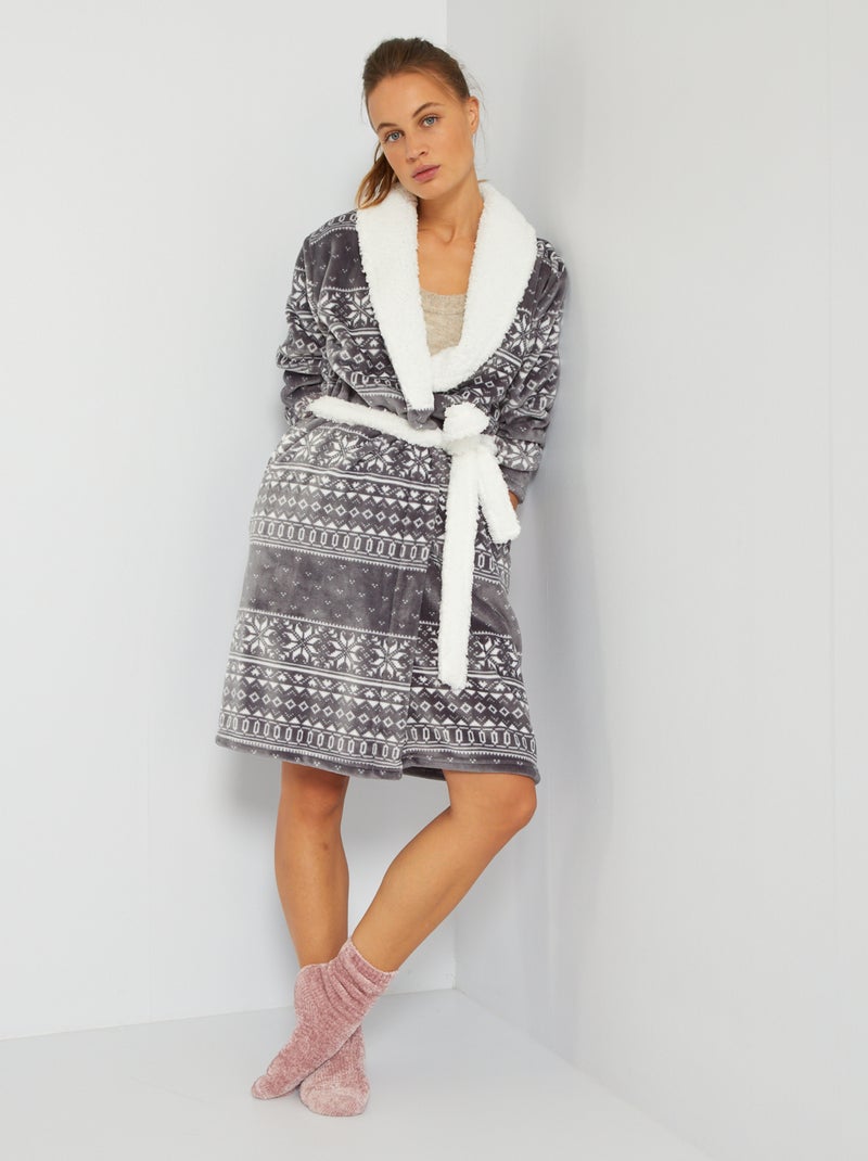 Fleece ochtendjas met jacquardprint grijs - Kiabi