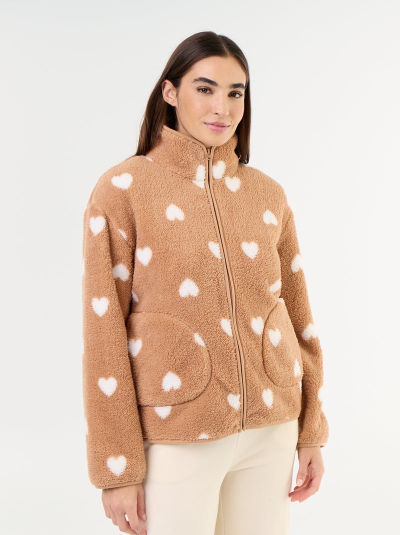 Fleece top met rits en motief Bruin - Kiabi
