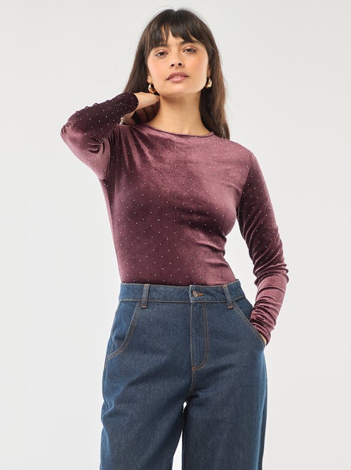 Fluwelen body met lange mouwen en stras - Kiabi