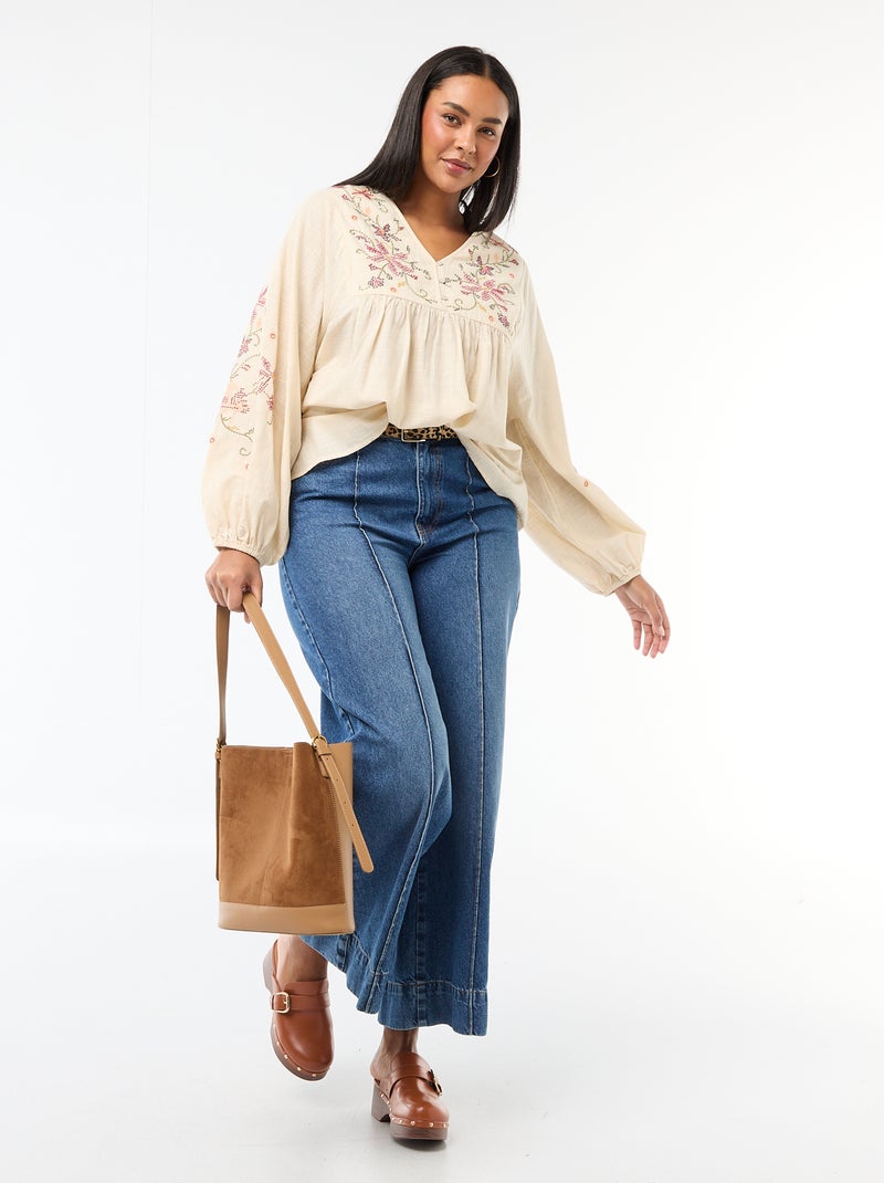 Gebloemde geborduurde blouse Biege - Kiabi
