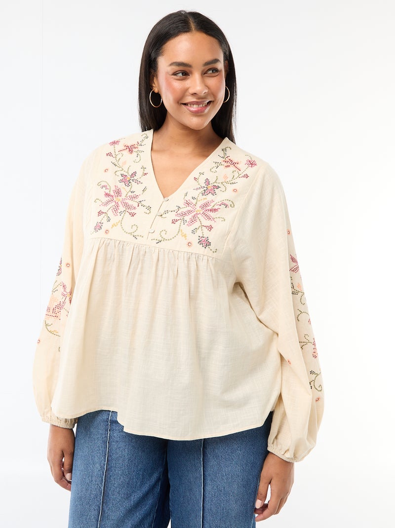 Gebloemde geborduurde blouse Biege - Kiabi