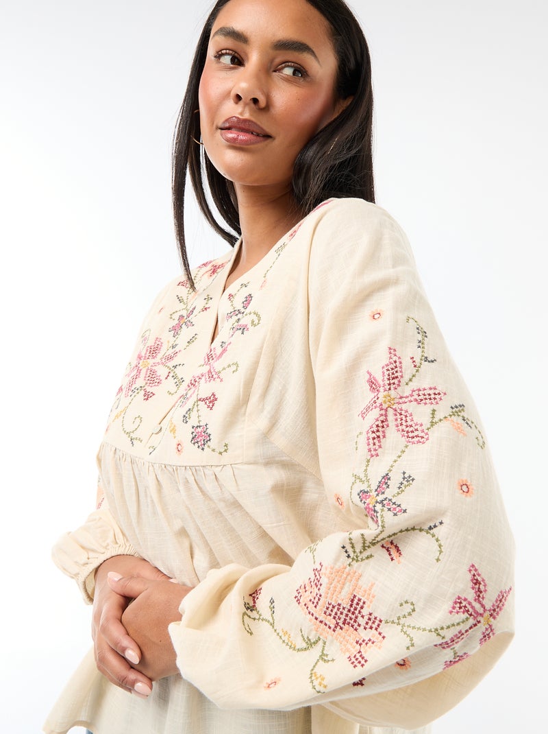 Gebloemde geborduurde blouse Biege - Kiabi
