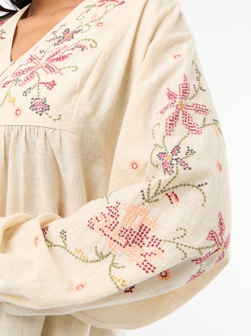 Gebloemde geborduurde blouse Biege - Kiabi