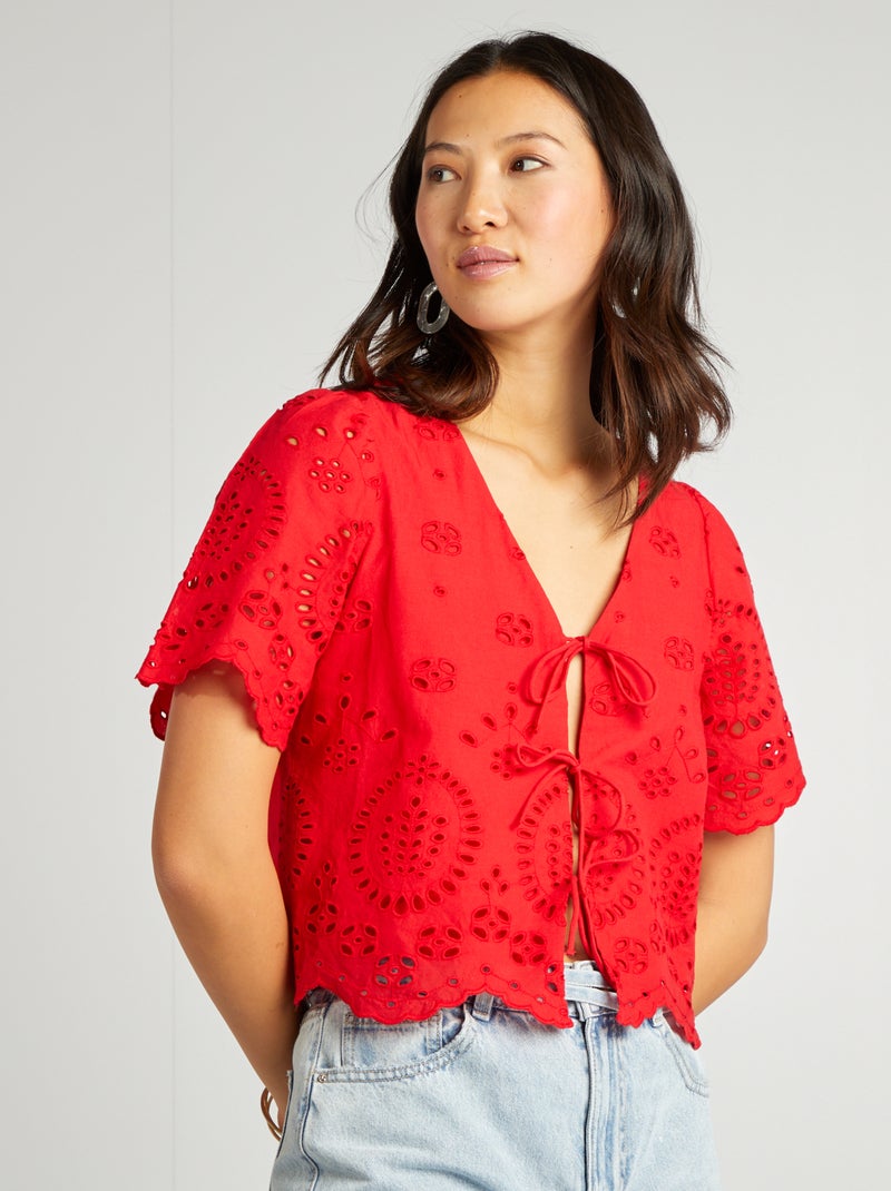 Geborduurde blouse met strikjes rood - Kiabi