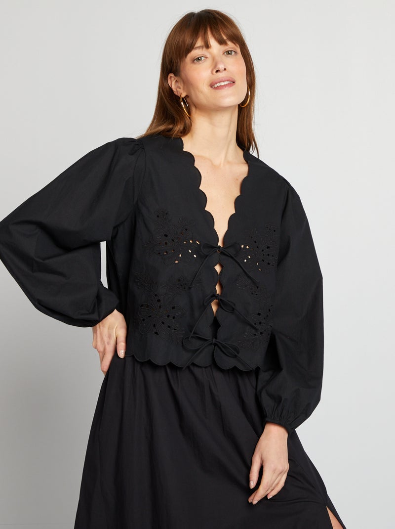 Geborduurde blouse met strikjes zwart - Kiabi