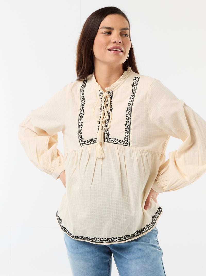 Geborduurde positieblouse van katoengaas Wit - Kiabi