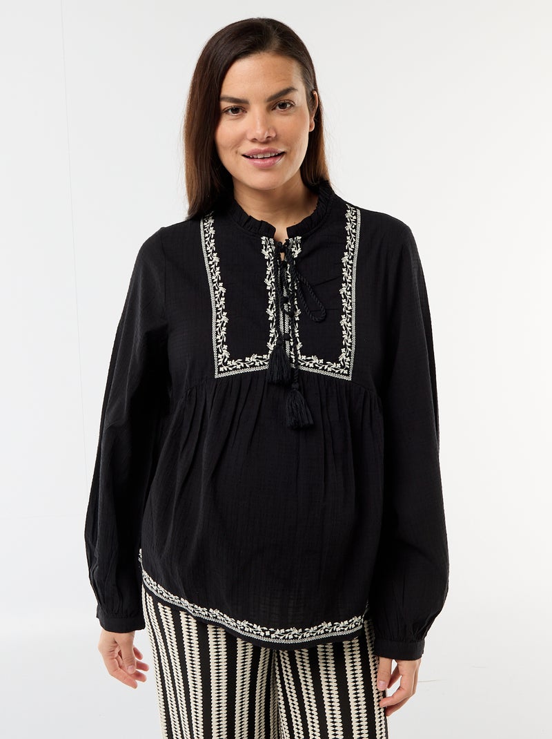 Geborduurde positieblouse van katoengaas Zwart - Kiabi