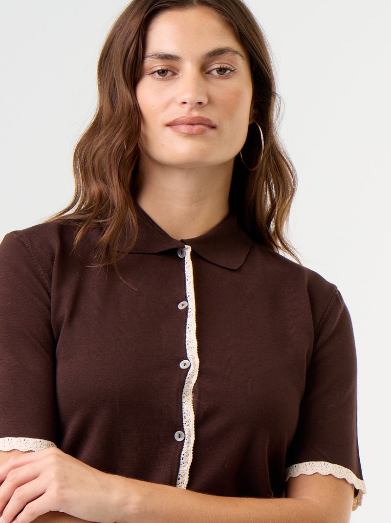 Gebreid gilet met korte mouwen en kant Bruin - Kiabi