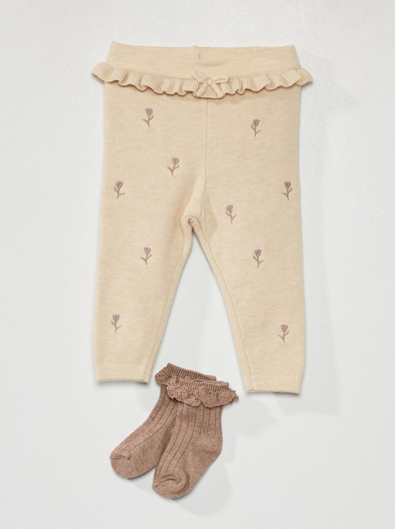Gebreide legging met borduursel + sokjes - 2-delig BIEGE - Kiabi