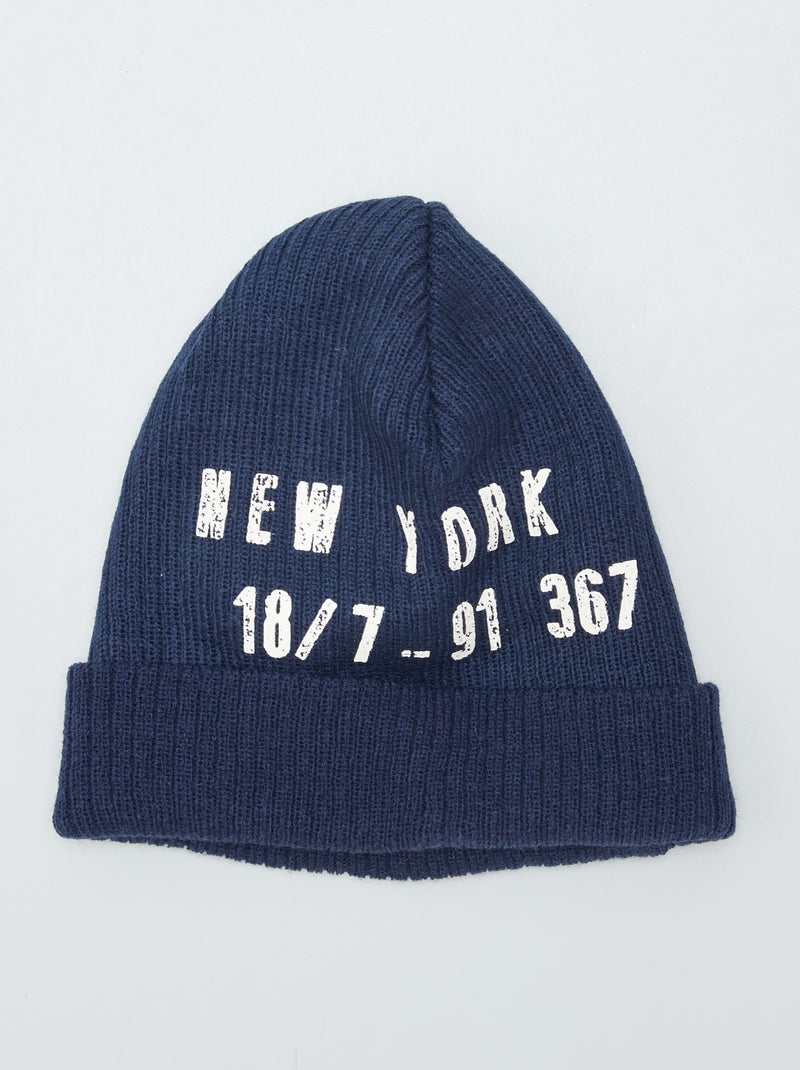 Gebreide muts met print BLAUW - Kiabi