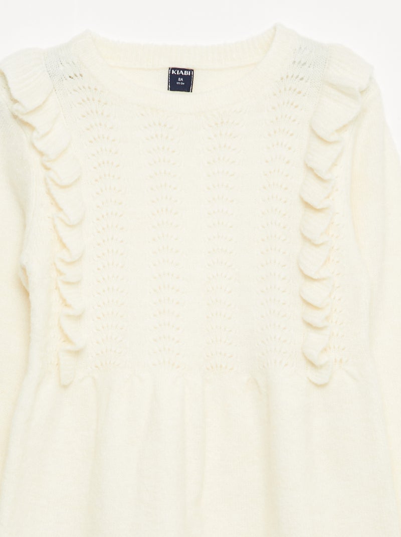 Gebreide trui jurk met ajour breisel en volants Wit - Kiabi