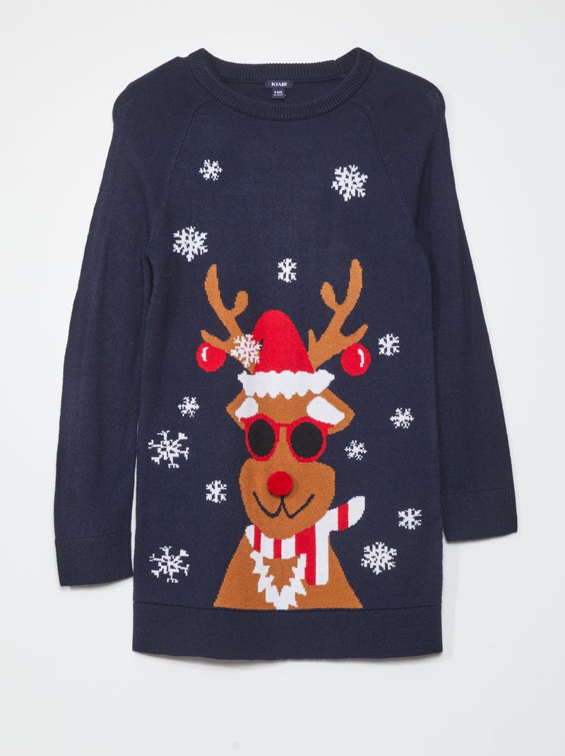 Gebreide trui-jurk met kerstmotief BLAUW - Kiabi