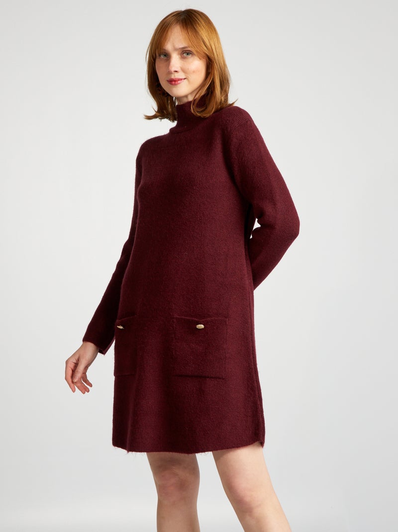 Ebifin Gebreide jurk voor dames, ronde hals, gebreide jurk, elegante tuniek, pulloverjurk, winterjurk, sweater, A-lijn, mini-jurk., zwart, L