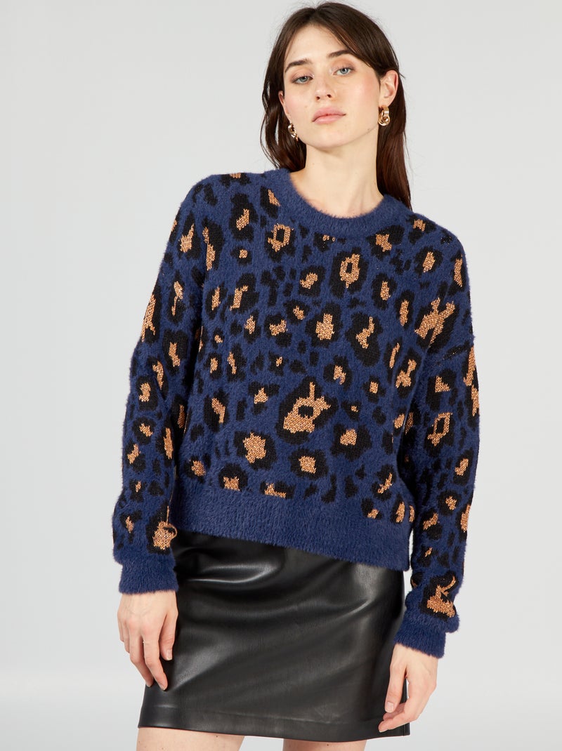 Gebreide trui met luipaardmotief BLAUW - Kiabi