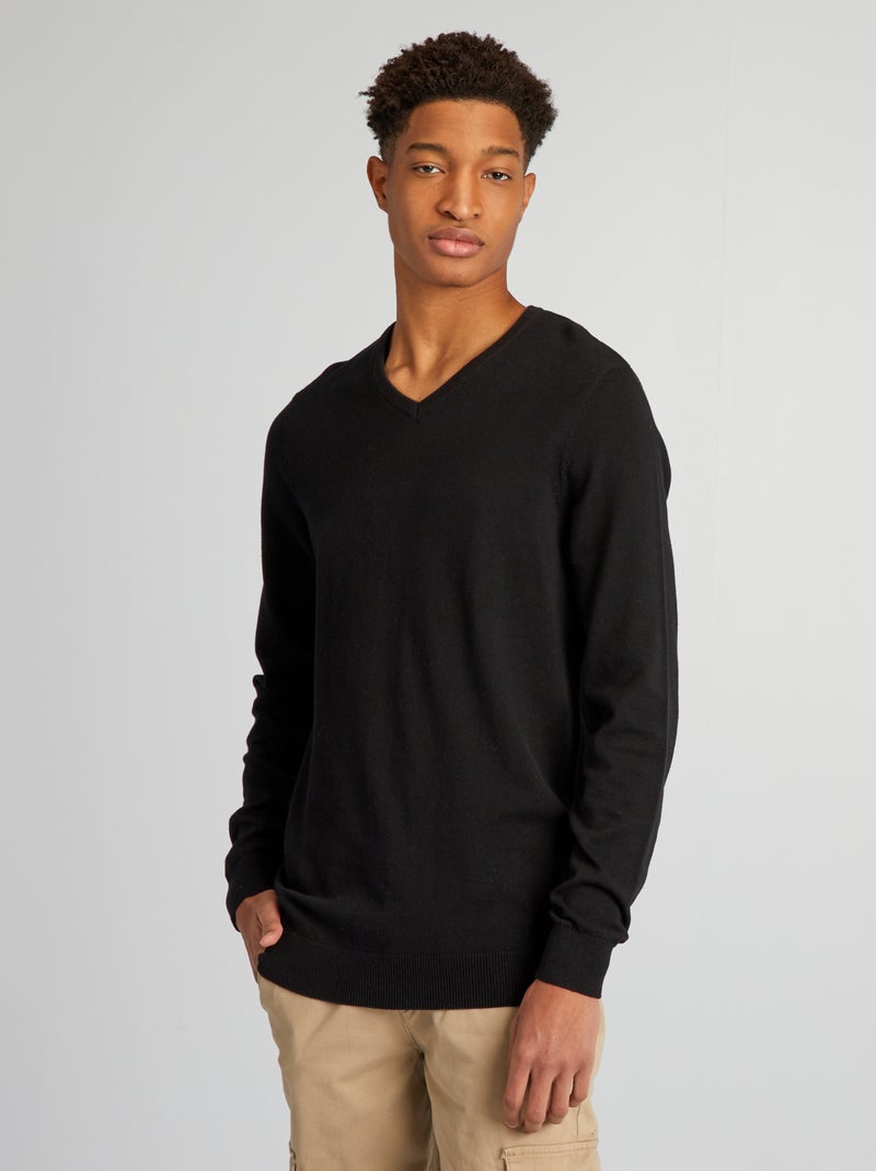 Gebreide trui met V-hals, voor personen die langer zijn dan 1m90 zwart - Kiabi