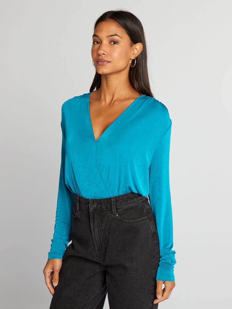 GORGLITTER Elegante bodysuit voor dames, opstaande kraag, oogje, borduurwerk, body met lange mouwen en kanten inzetstuk, donkergroen, XL