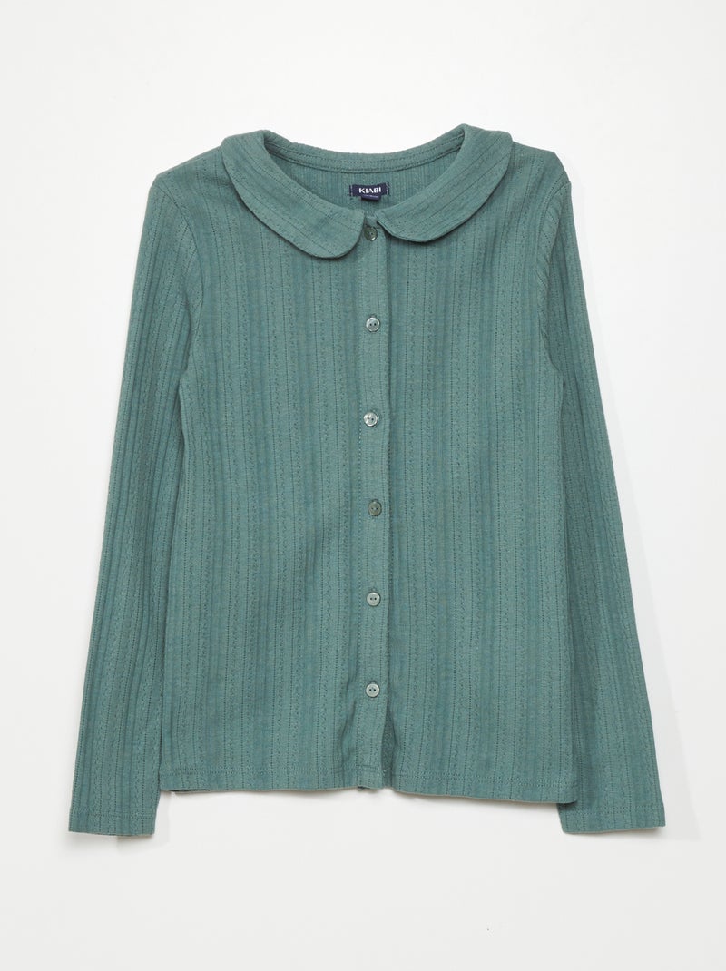 Geknoopt T-shirt van tricot met fijn ajourmotiefje grijs groen - Kiabi