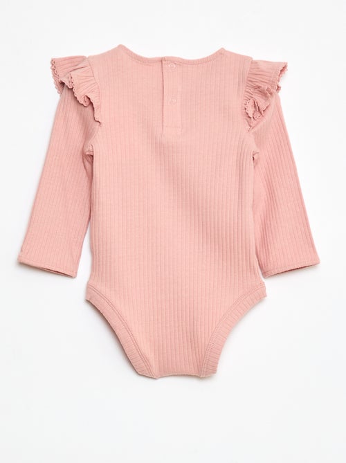 Geribbeld rompertje met lange mouwen met volants aan de schouders - Kiabi